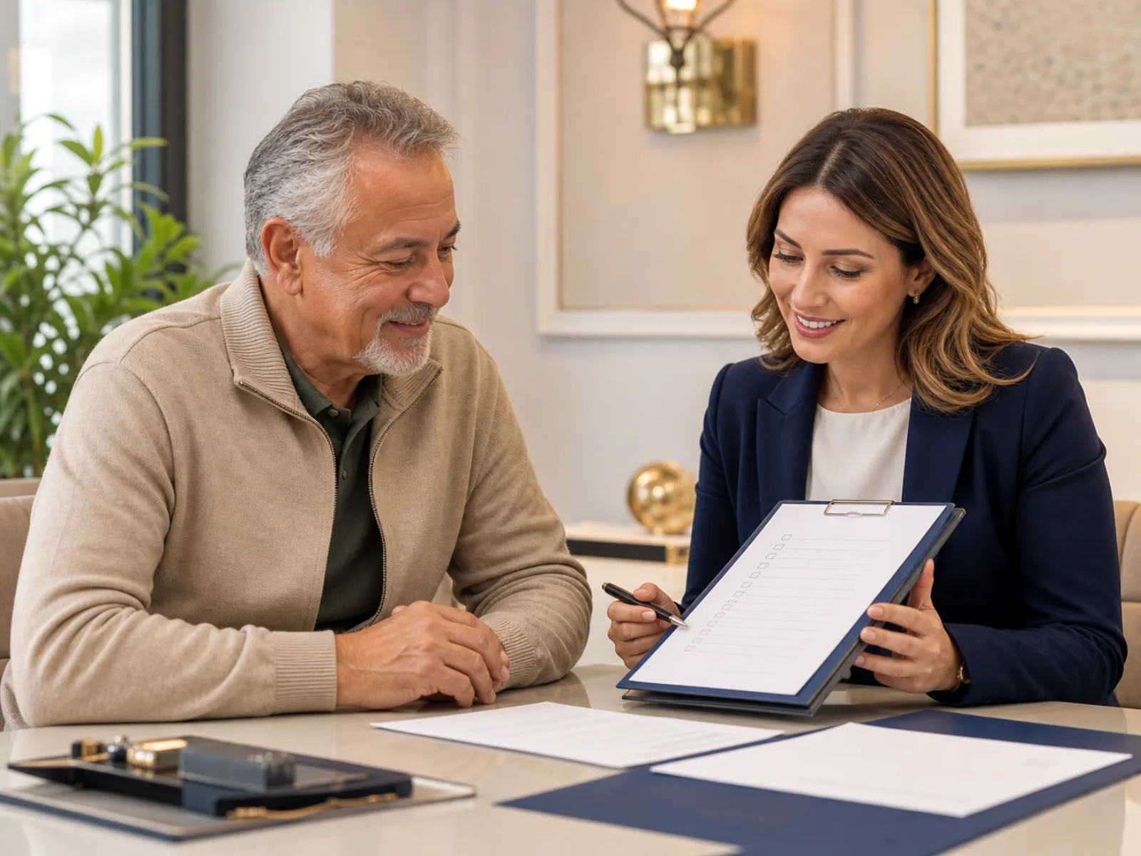 SGK işitme cihazı başvurusu için belgeleri uzmanla kontrol eden danışan